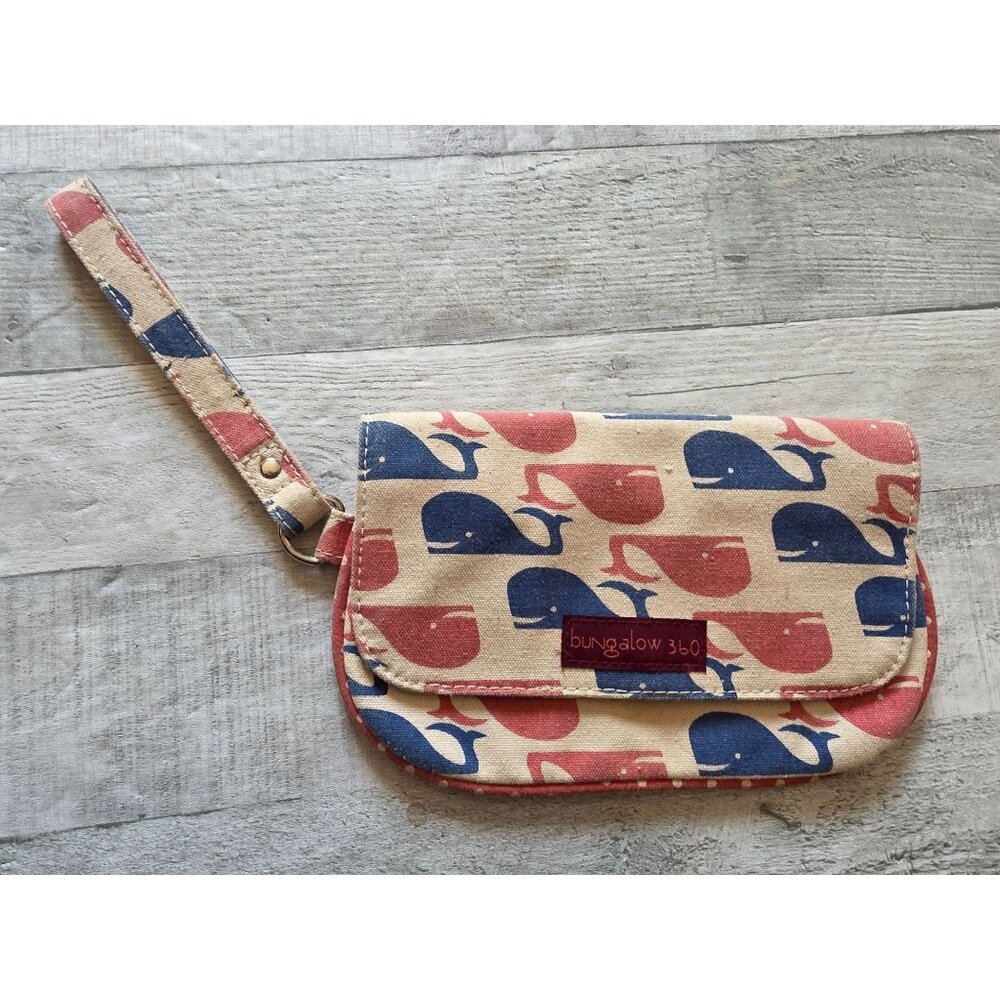 Bungalow 360 Whale Print Canvas Wristlet Wallet With Snap Closure & Zippered Poc